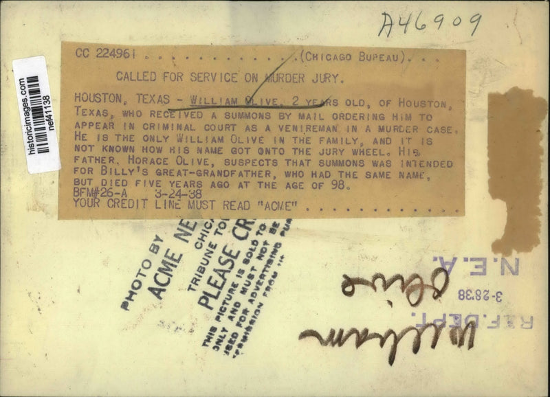Load image into Gallery viewer, 1938 Press Photo William Olive 2,Received Summons by Mail Ordering Him to Court
