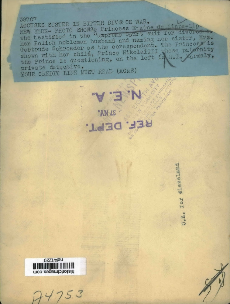 1937 Press Photo Princess Elaine de Lippe-Lipski, M.L. Carmaly at New York Court