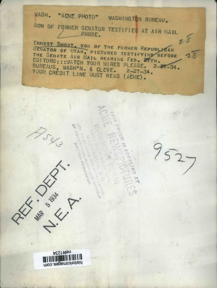 1934 Press Photo Ernest Smoot at Senate Airmail Hearing, Washington, D.C.