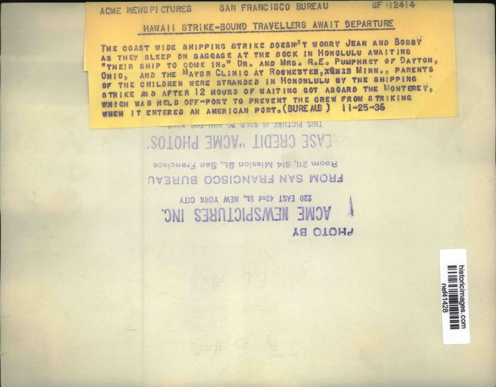 1936 Press Photo Travellers Stranded in Honolulu, Hawaii During Shipping Strike