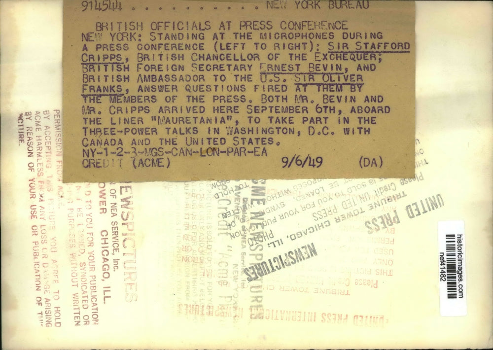 1949 Press Photo Sir Stafford Cripps British Chancellor, Ernest Bevin Ambassador