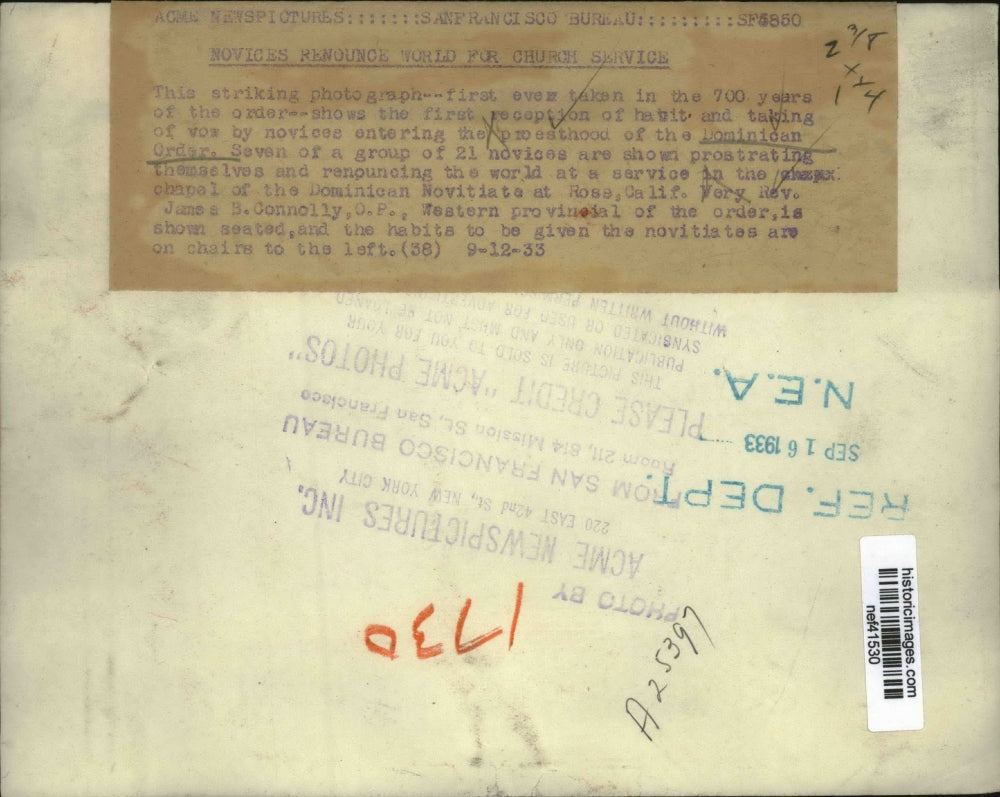 1933 Press Photo 21 Novices entering the priesthood of the Dominican Prder