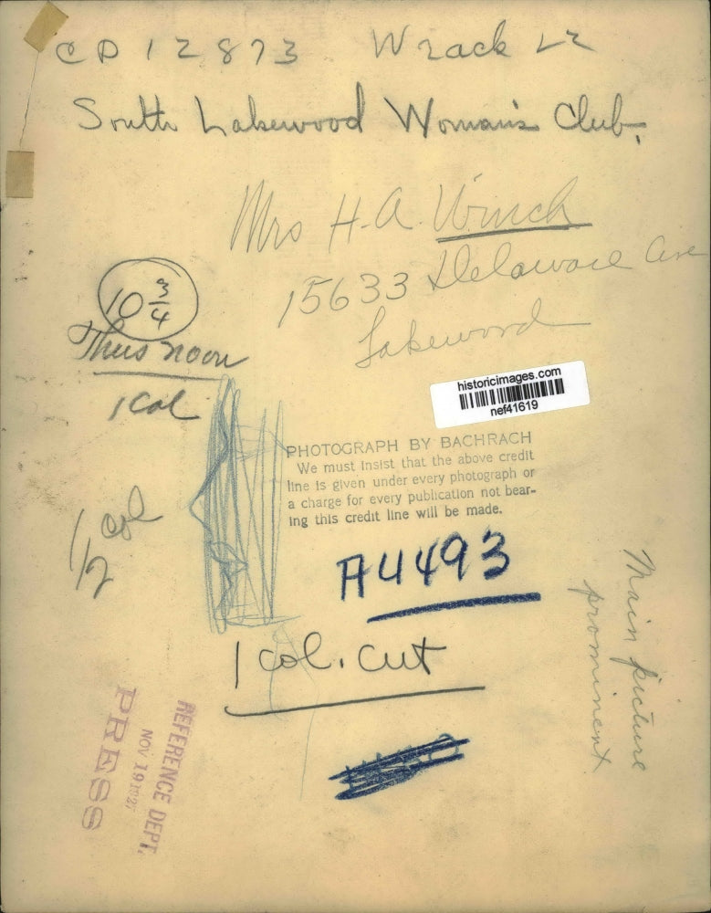 1927 Press Photo Mrs H A Urick of South Lakewood Woman's Club - nef41619