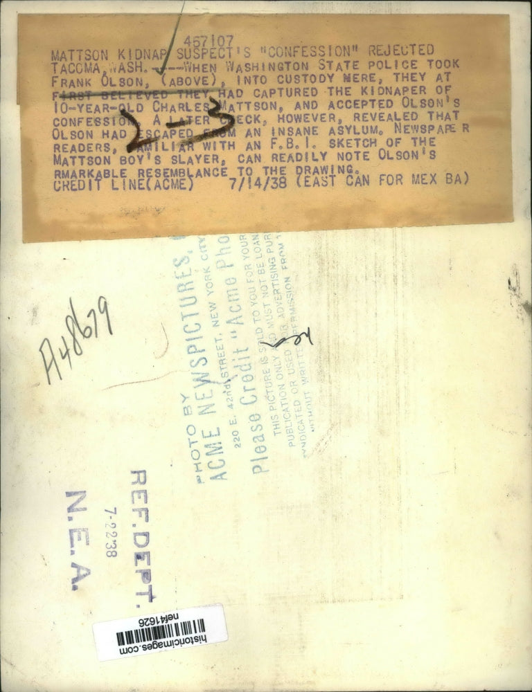 Load image into Gallery viewer, 1938 Press Photo Frank Olson Captured Kidnapper of 10 year old Charles Matton
