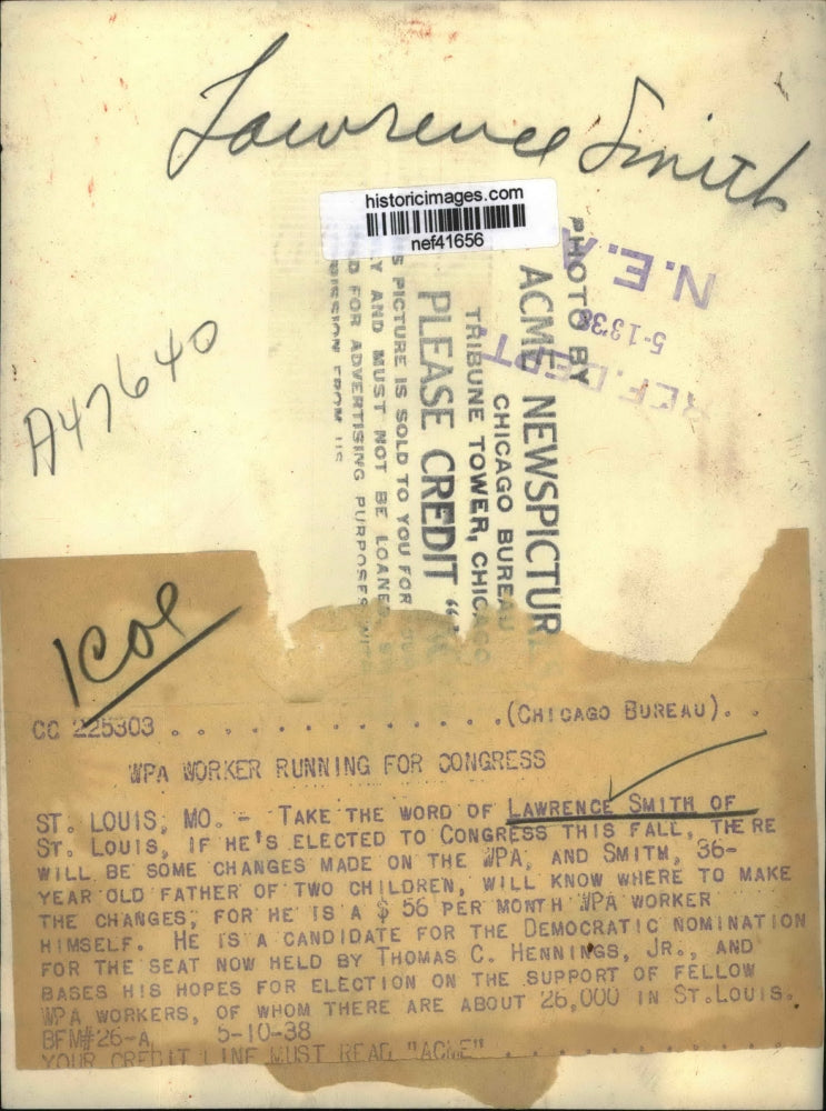 1938 Press Photo Lawrence Smith WPA Workers candidate for Democrat for Congress