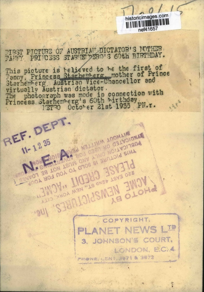 1935 Press Photo Princess Starhemberg mother of Prince Starhemberg - nef41657