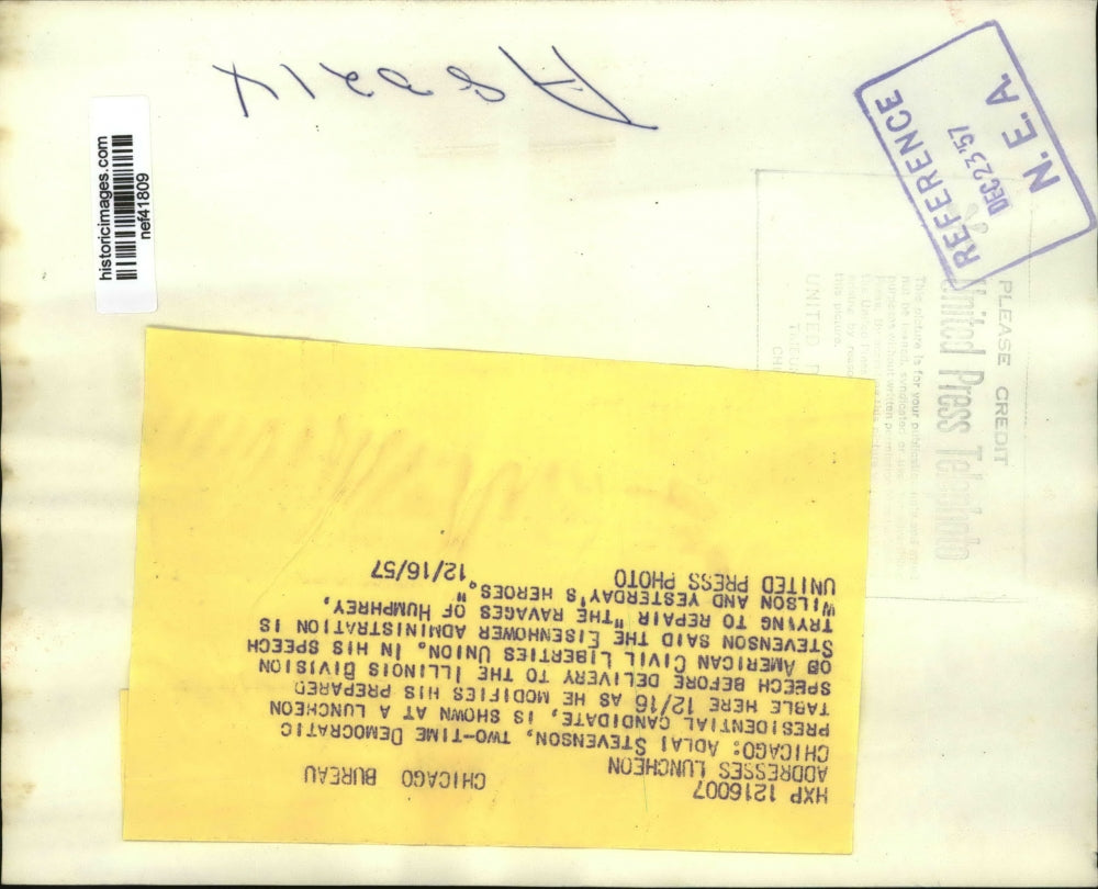 1957 Press Photo Adlai Stevenson at ACLU Luncheon, Chicago - nef41809