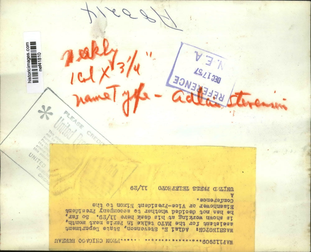 1957 Press Photo Adlai Stevenson at his Desk, Washington, D.C. - nef41810