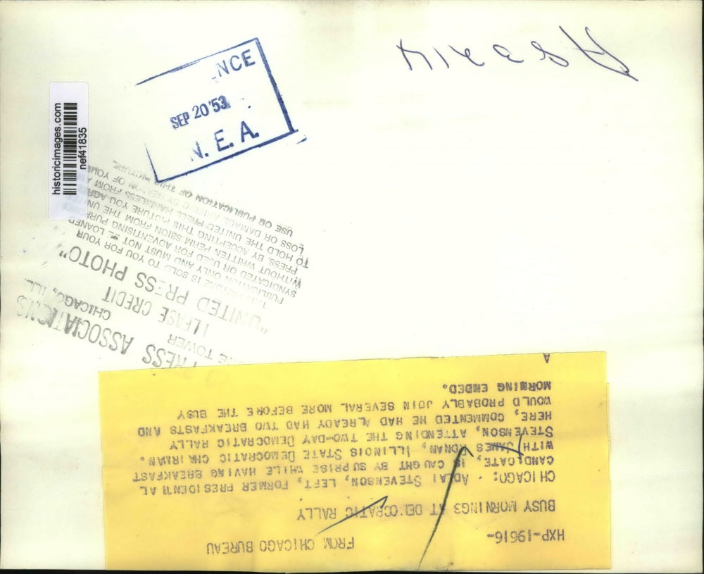 1953 Press Photo Adlai Stevenson Talks with James Ronan for Breakfast, Chicago