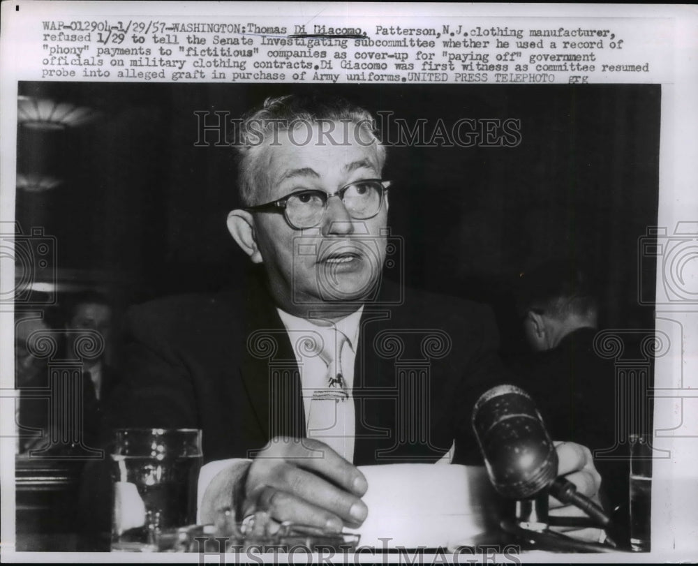 1957 Press Photo Thomas Di giacomo at Senate Investigation, Washington, D.C.