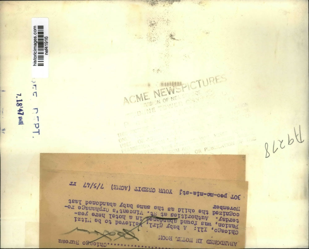 1947 Press Photo Baby Abandoned in Hotel Room, chicago - nef41916