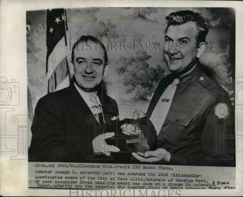 Load image into Gallery viewer, 1950 Press Photo Joseph R. McCarthy Given VFW Award by Irwin Naus, Milwaukee
