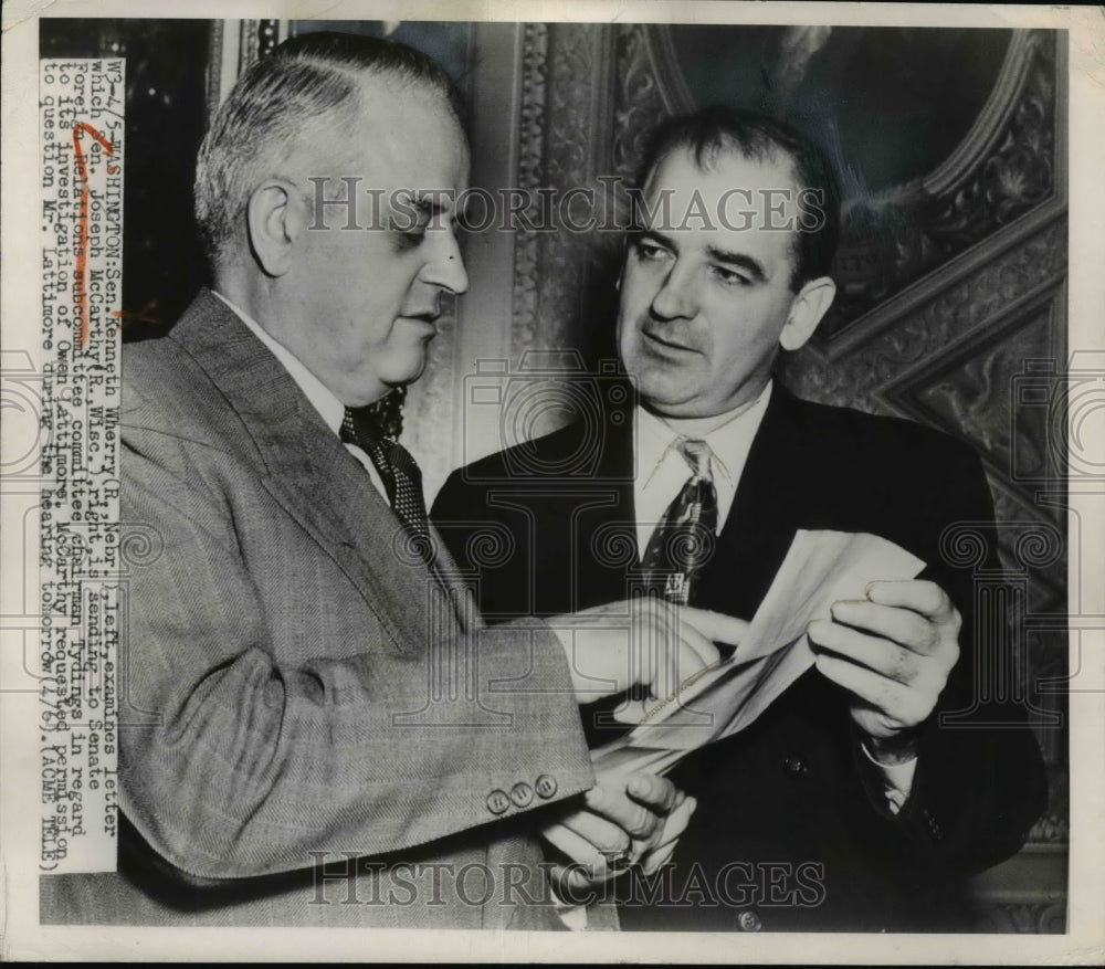 1950 Press Photo Kenneth Wherry, Joseph McCarthy of Senate Foreign Relations