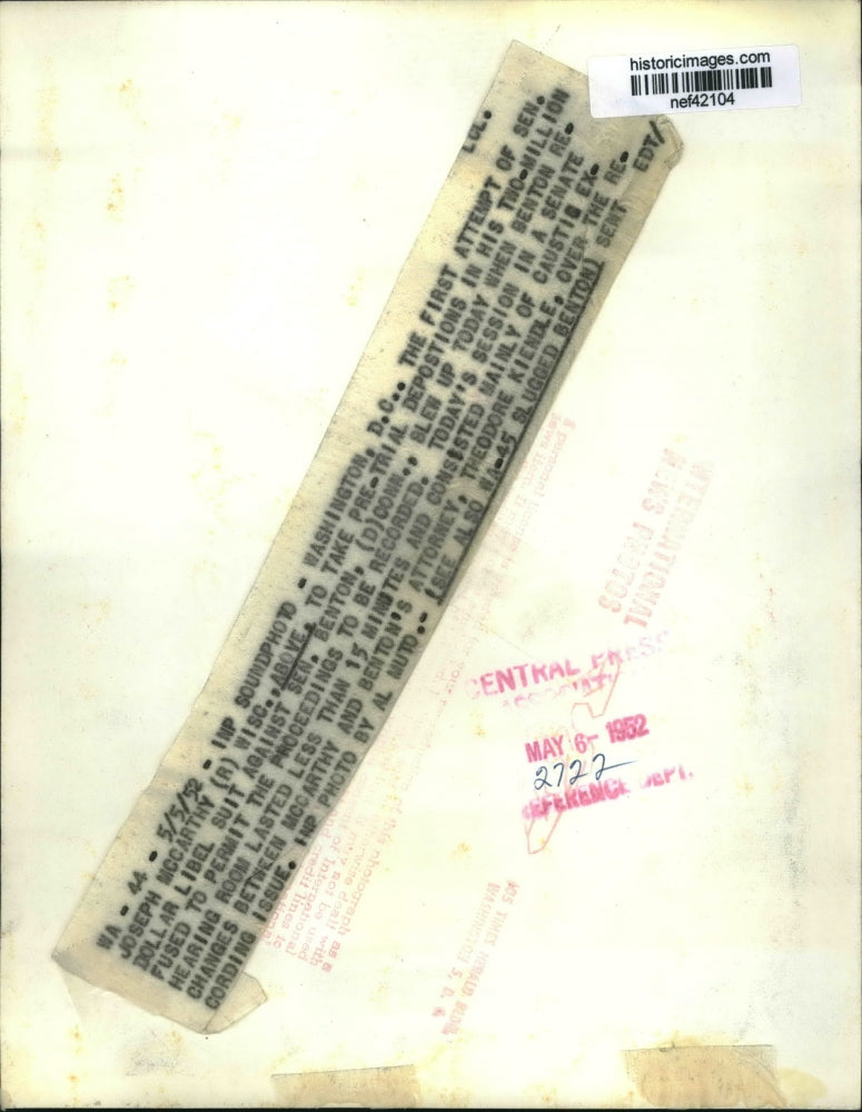 1952 Press Photo Joseph McCarthy at William Benton Deposition, Washington, D.C.