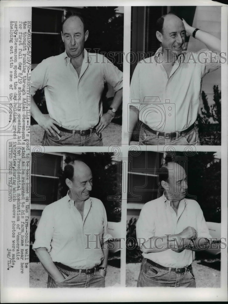 1956 Press Photo Adlai Stevenson returns to farm home near Libertyville, Ill