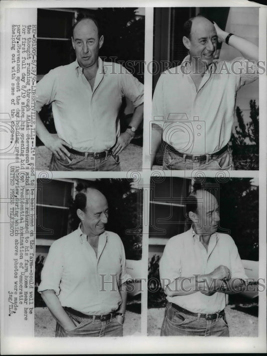 1956 Press Photo Adlai Stevenson returns to farm home near Libertyville, Ill