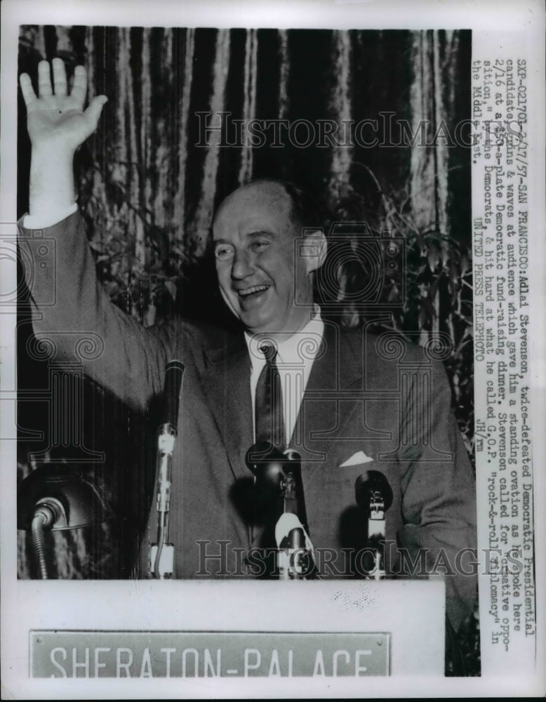 1957 Press Photo Adlai Stevenson at Democratic Fundraising Dinner, San Francisco