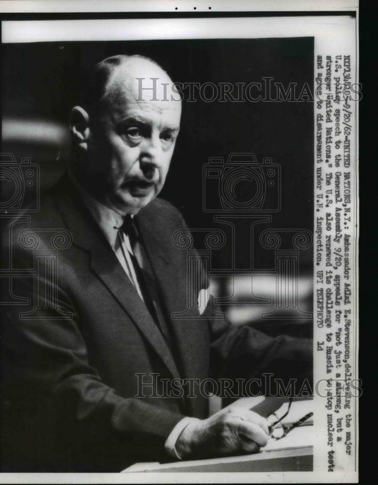 1962 Press Photo Adlai Stevenson Addressing United Nations General Assembly
