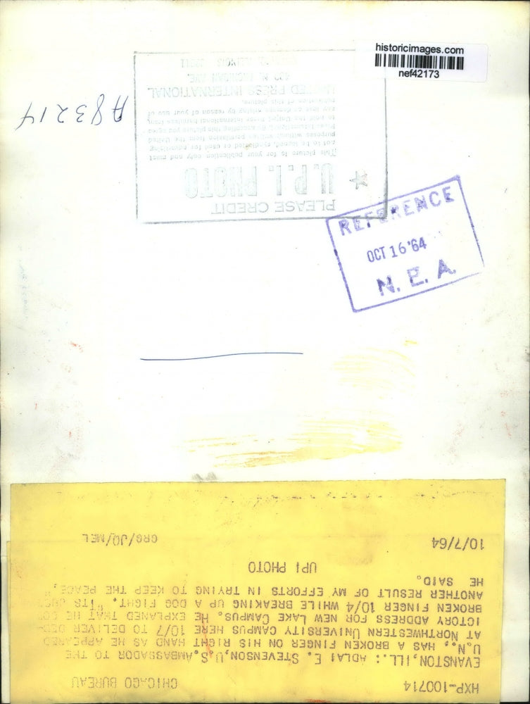 1964 Press Photo Adlai Stevenson broken four finer of his right hand - nef42173