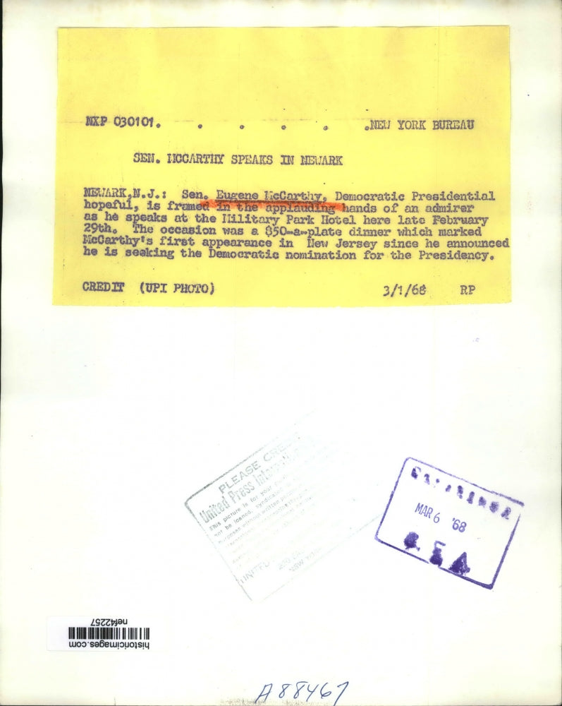 1968 Press Photo Sen Eugene McCarthy Speaks at the Military Park Hotel Late Feb