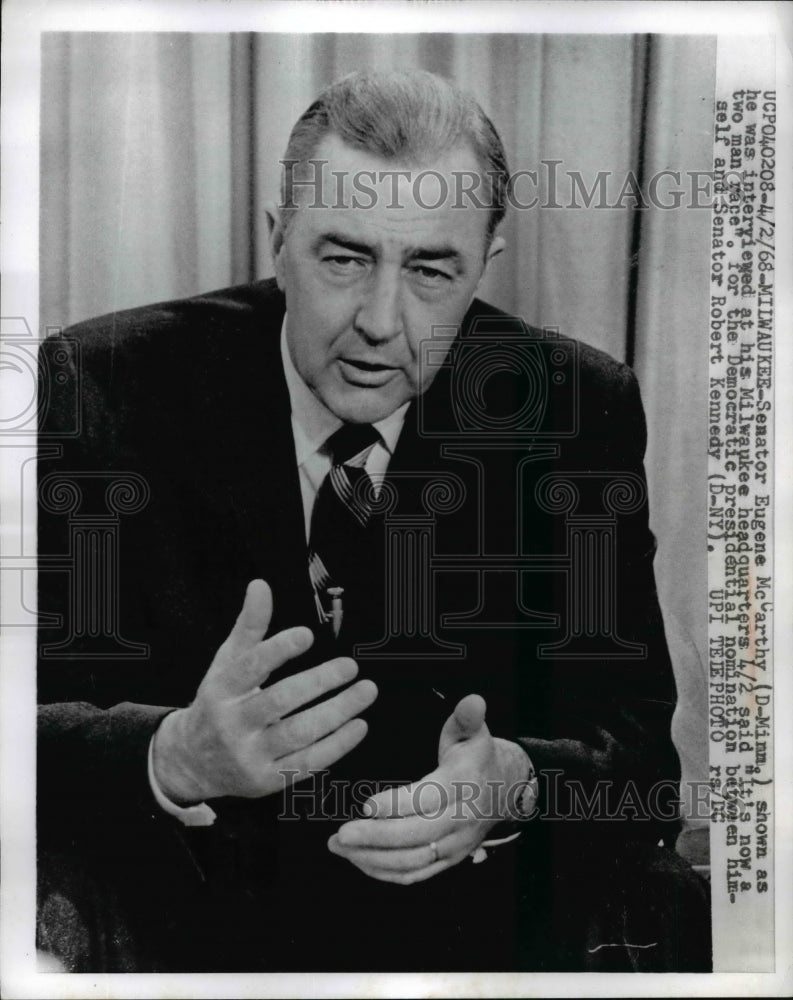 1968 Press Photo Sen Eugene McCarthy Shown Being Interviewed at His Headquarters