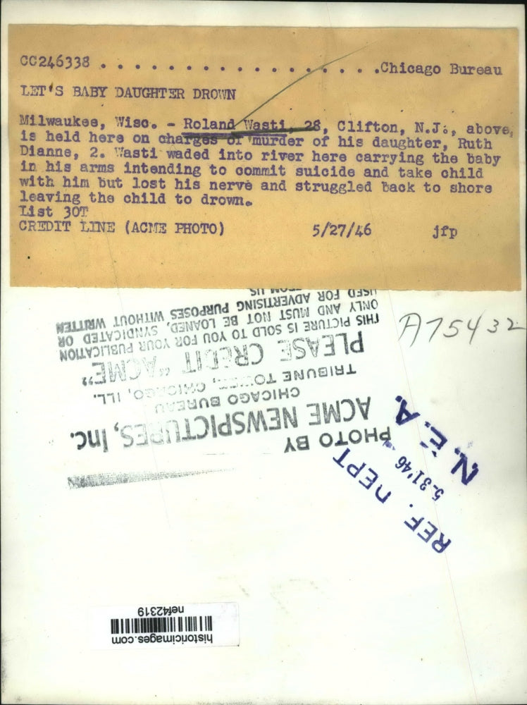 1946 Press Photo Roland Wasti, Held for Murder in Milwaukee - nef42319