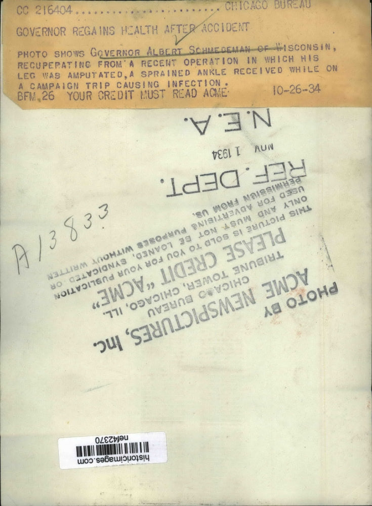 1934 Press Photo Governor Albert Schmedeman Recovering from Surgery - nef42370