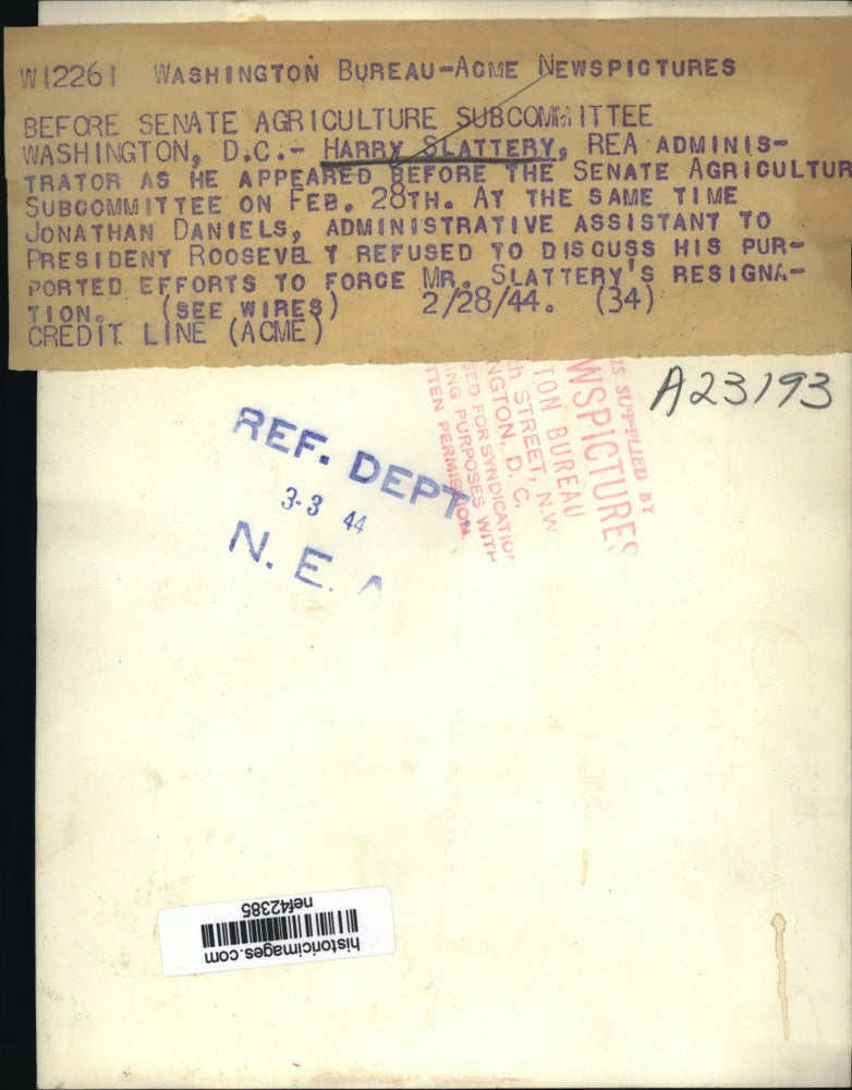 1944 Press Photo Harry Slattery at Senate Agriculture Subcommittee Hearing