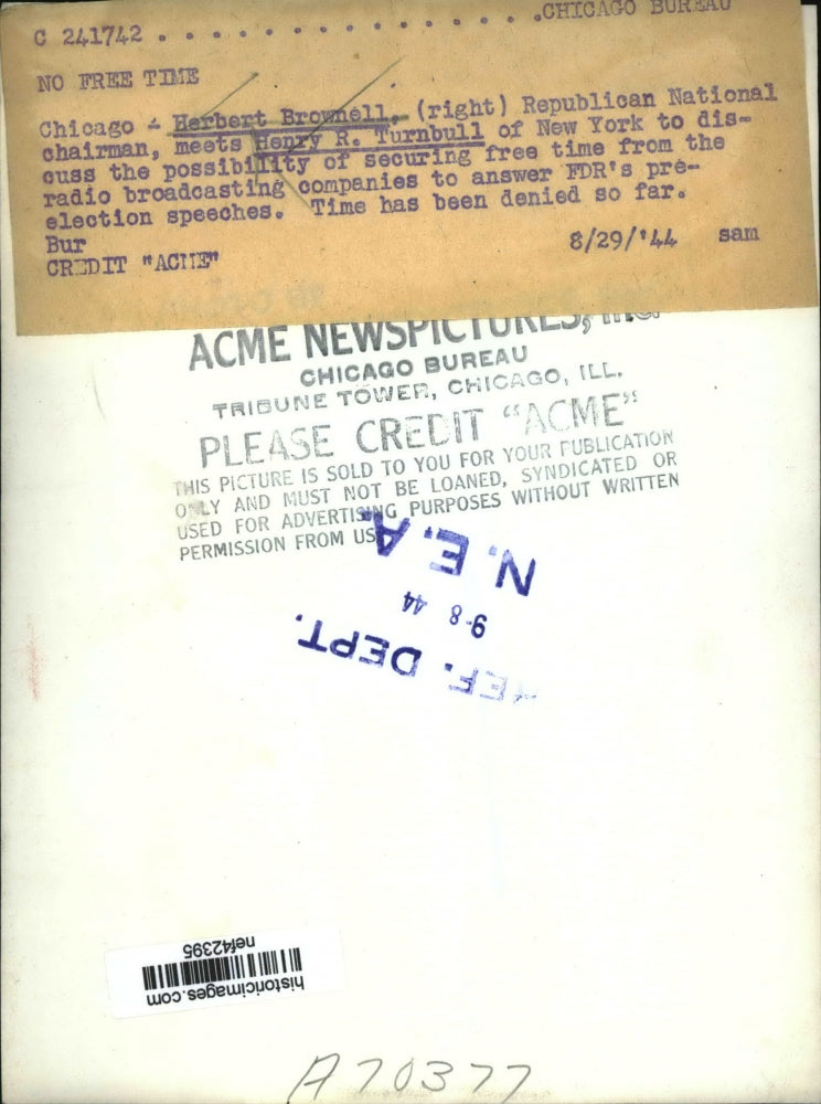 1944 Press Photo Herber Brownell, Henry R. Turnbull Meeting in Chicago