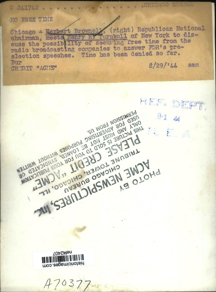 1944 Press Photo Herbert Brownell Meets Henry R Trunbull to Discuss Pres Speech