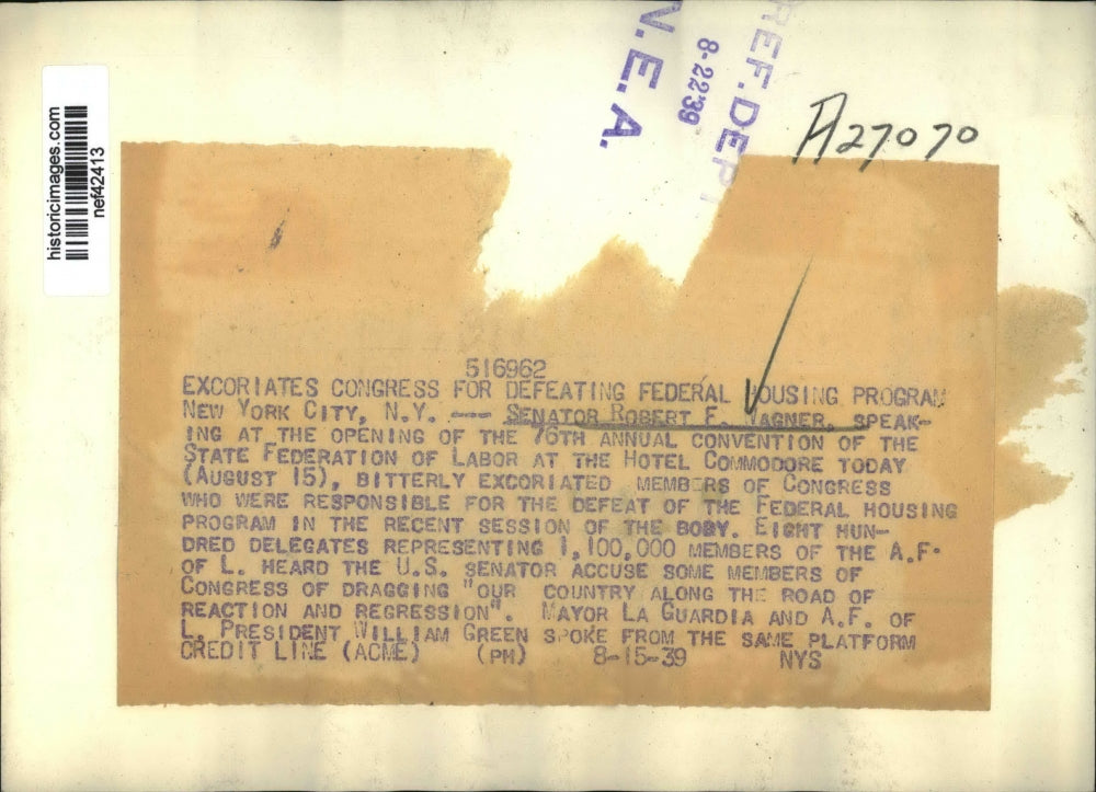 1939 Press Photo Sen Robert F Wagner Speaking at State Federation of Labor