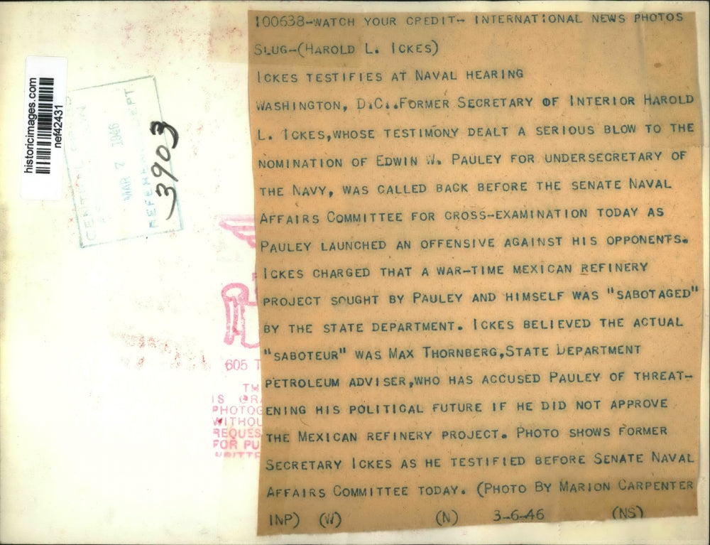 1946 Press Photo Harold L. Ickes at Senate Naval Affairs committee Meeting