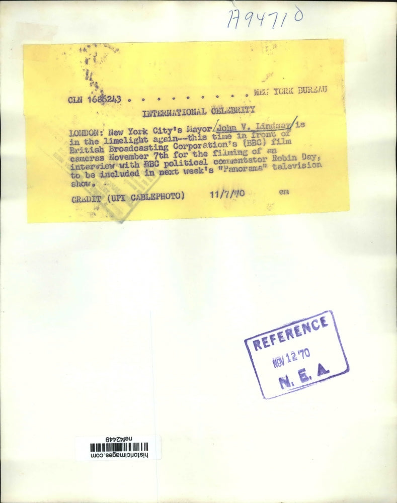 1970 Press Photo John V Lindsay in Front of British Broadcasting Corporation