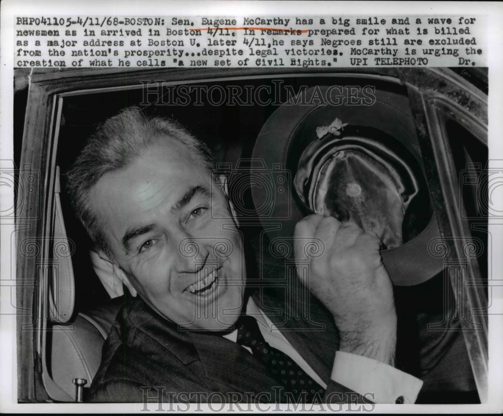 1968 Press Photo Senator Eugene J. McCarthy Arriving in Boston - nef42575