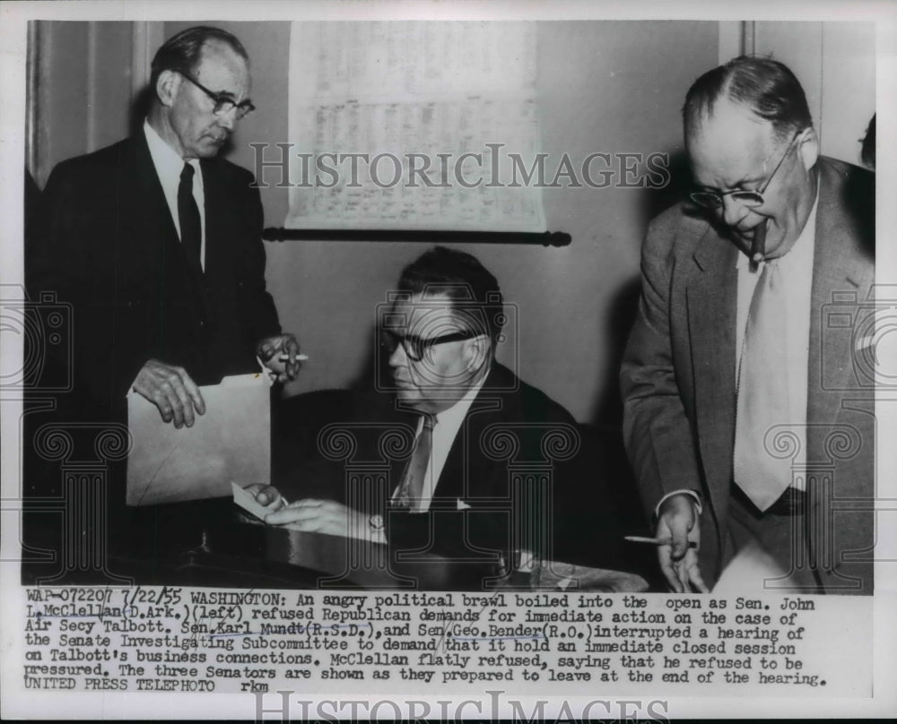 1955 Press Photo John McClellan, Karl Mundt, Geo Bender in Senate Investigation