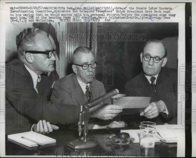 Load image into Gallery viewer, 1957 Press Photo Sen.John McClellan, Sen.Barry Goldwater and Sen. Irving Ives
