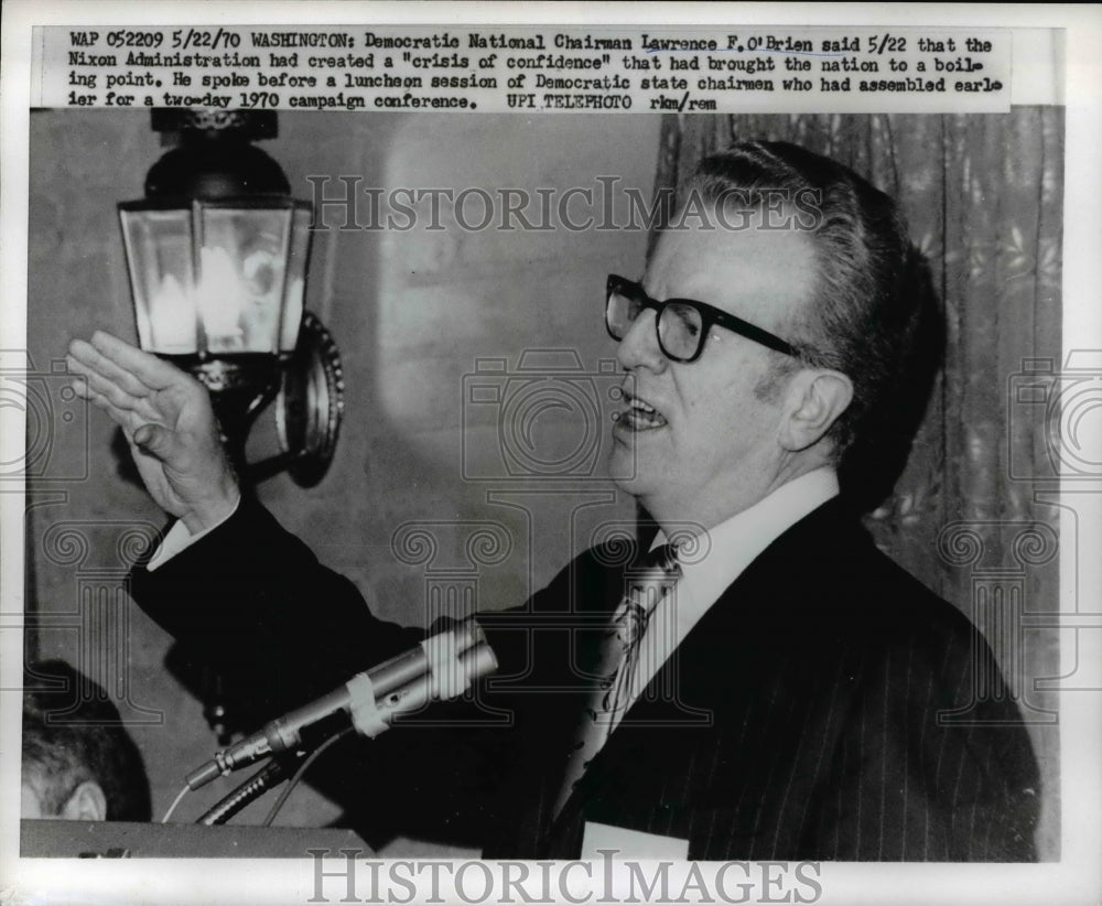 1970 Press Photo Democratic National Chairman Lawrence O'Brien Speaks at Luncheo