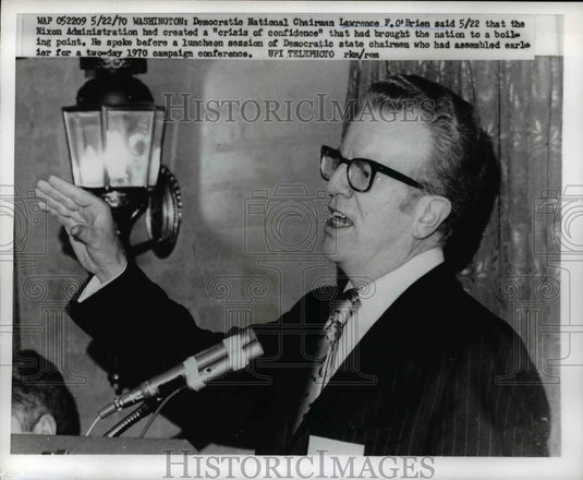 1970 Press Photo Democratic National Chairman Lawrence O'Brien Speaks at Luncheo