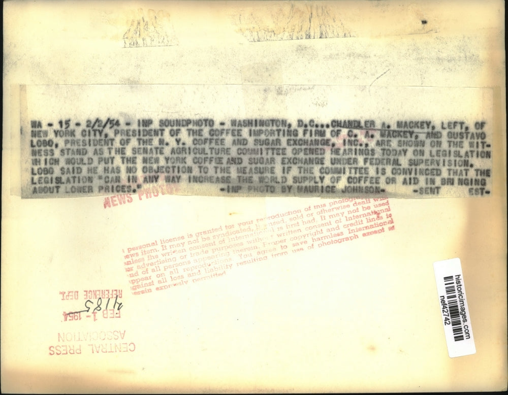 1954 Press Photo Chandler Mackey, Gustavo Lobo in Senate Agriculture Committee