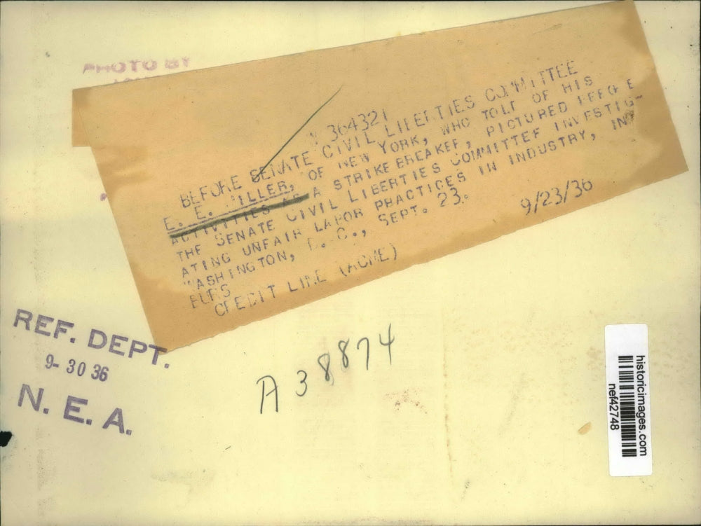 1936 Press Photo E.E. Miller Testifies in Senate Civil Liberties Committee