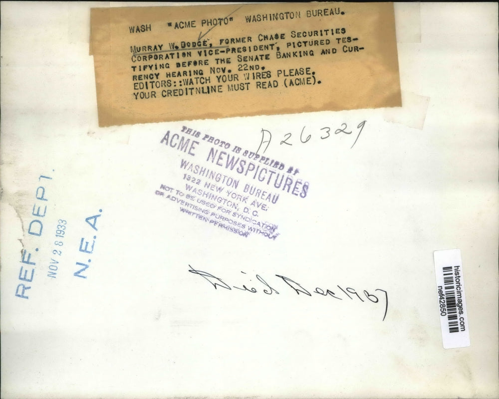 1933 Press Photo Murray Dodge Testifying Before Senate Bank & Currency Hearing