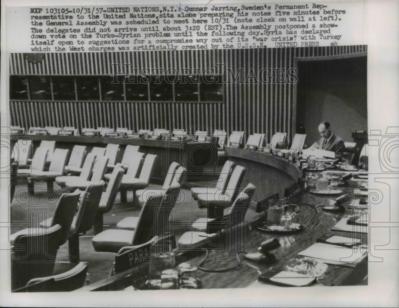 Load image into Gallery viewer, 1957 Press Photo Gunman Jarring of Sweden sit alone before General Assembly
