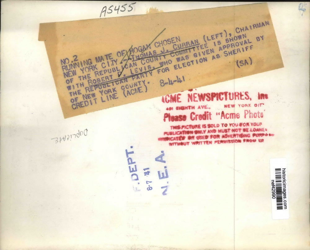 1941 Press Photo Thomas J Curran Shown with Robert P Lewis Election as Sheriff