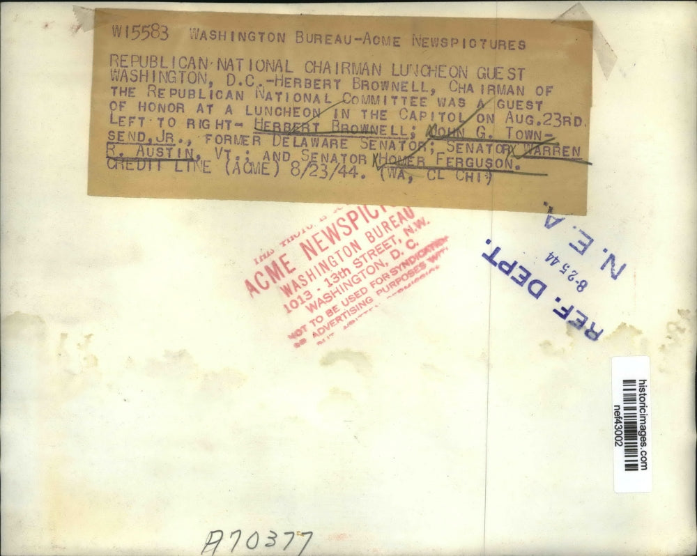 1944 Press Photo Herbert Brownell Republican Natl.Chairman guest on luncheon