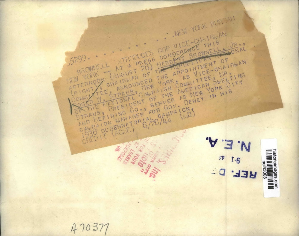 1944 Press Photo Herbert Brownell Jr.announced Roges Straus as GOP Vice Chairman