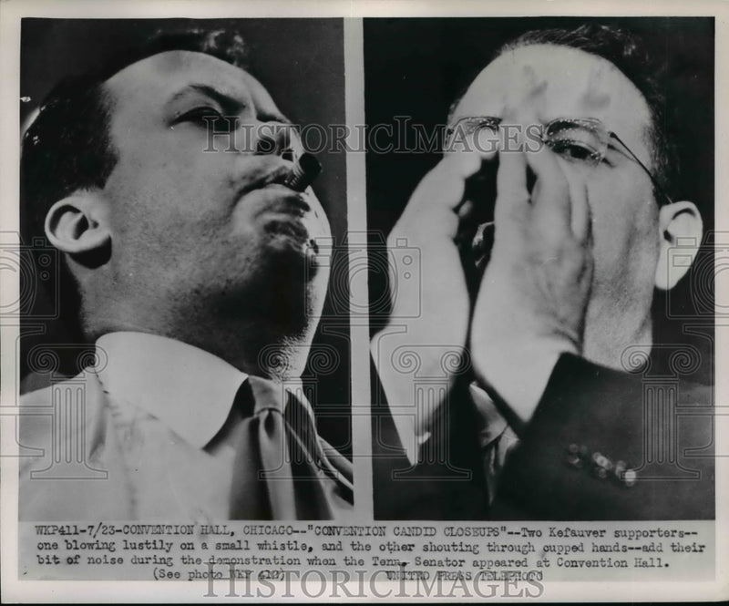 Load image into Gallery viewer, 1952 Press Photo Two Kefauver Supporters Blow on Whistle While the Other Shouts
