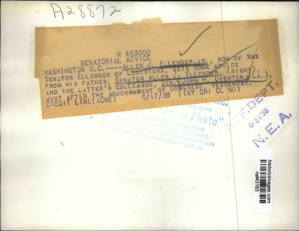 1938 Press Photo Ellender, Jr. gets advice from his father and Overton