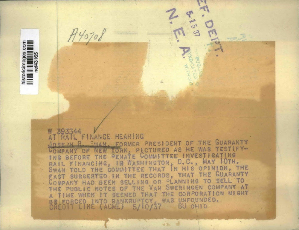 1937 Press Photo Joseph R. Swan at Rail finance hearing - nef43165