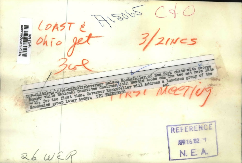 1962 Press Photo Nelson Rockefeller Meets George Romney, John Martin in Detroit