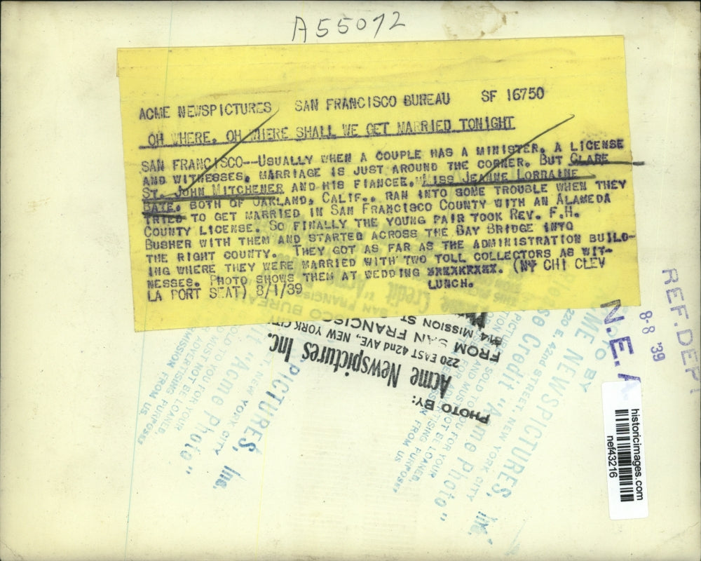 1939 Press Photo Clare St. John Mitchener, Miss Jeanne Lorraine Bate at wedding